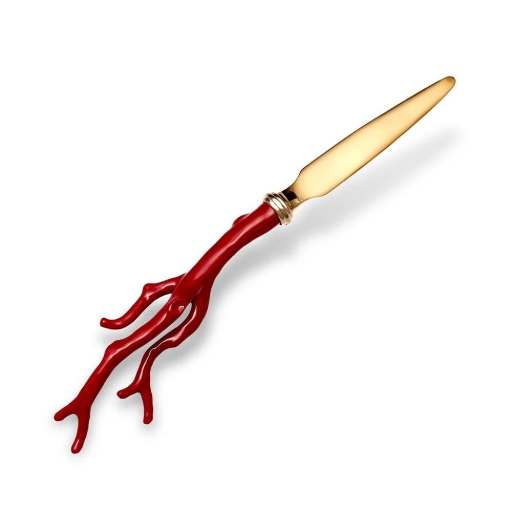 Brand New  L-Objet Red Coral Cabochons Plated in 24K Gold Letter Opener